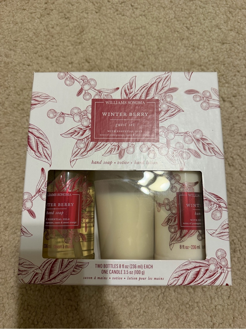 williams sonoma winter berry guest set- hand lotion, hand soap and Candle